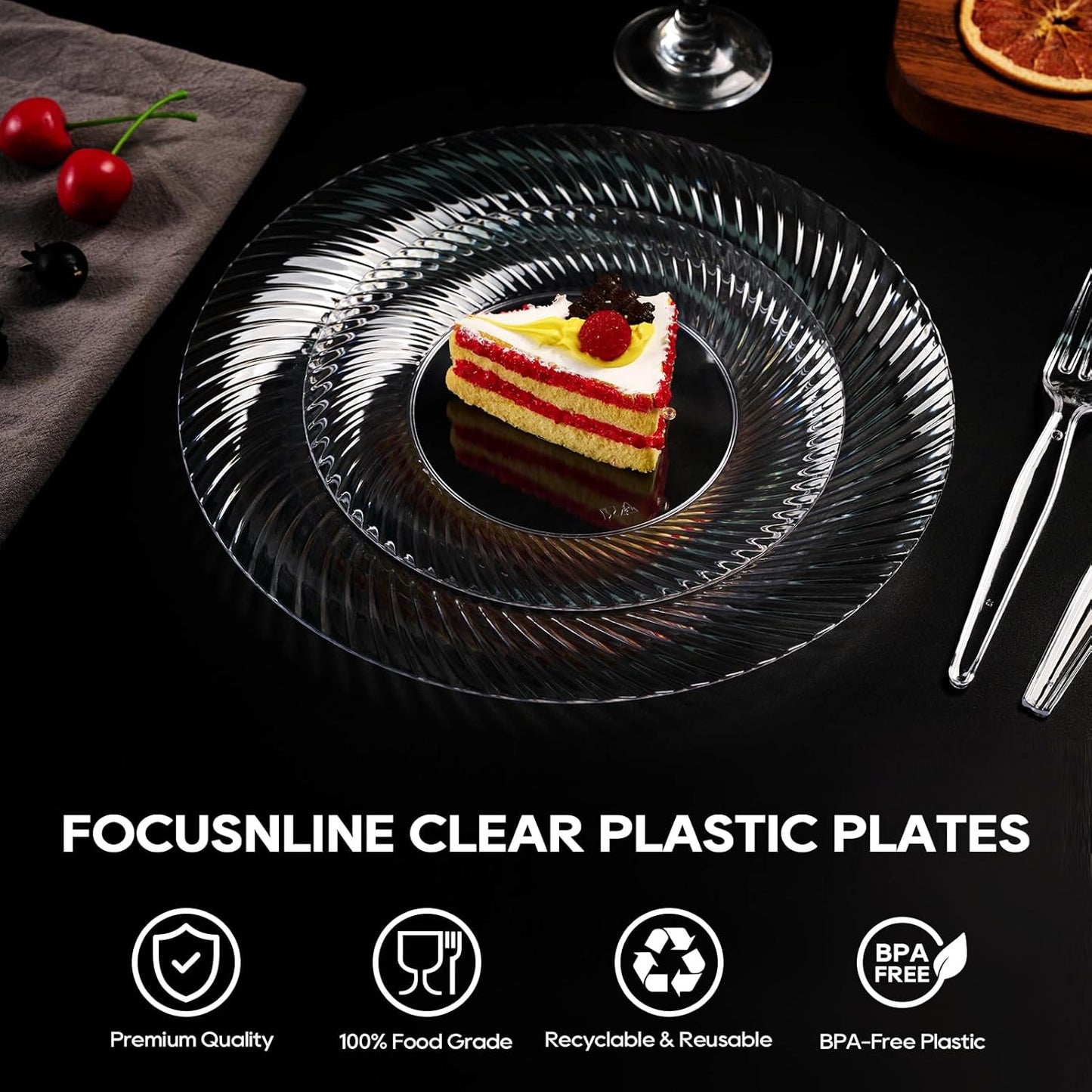 FOCUSLINE 7 Inch Clear Plastic Plates, 100 Count Disposable Heavy Duty Salad Dessert Plates, Premium Hard Plastic for Weddings, Parties & Events