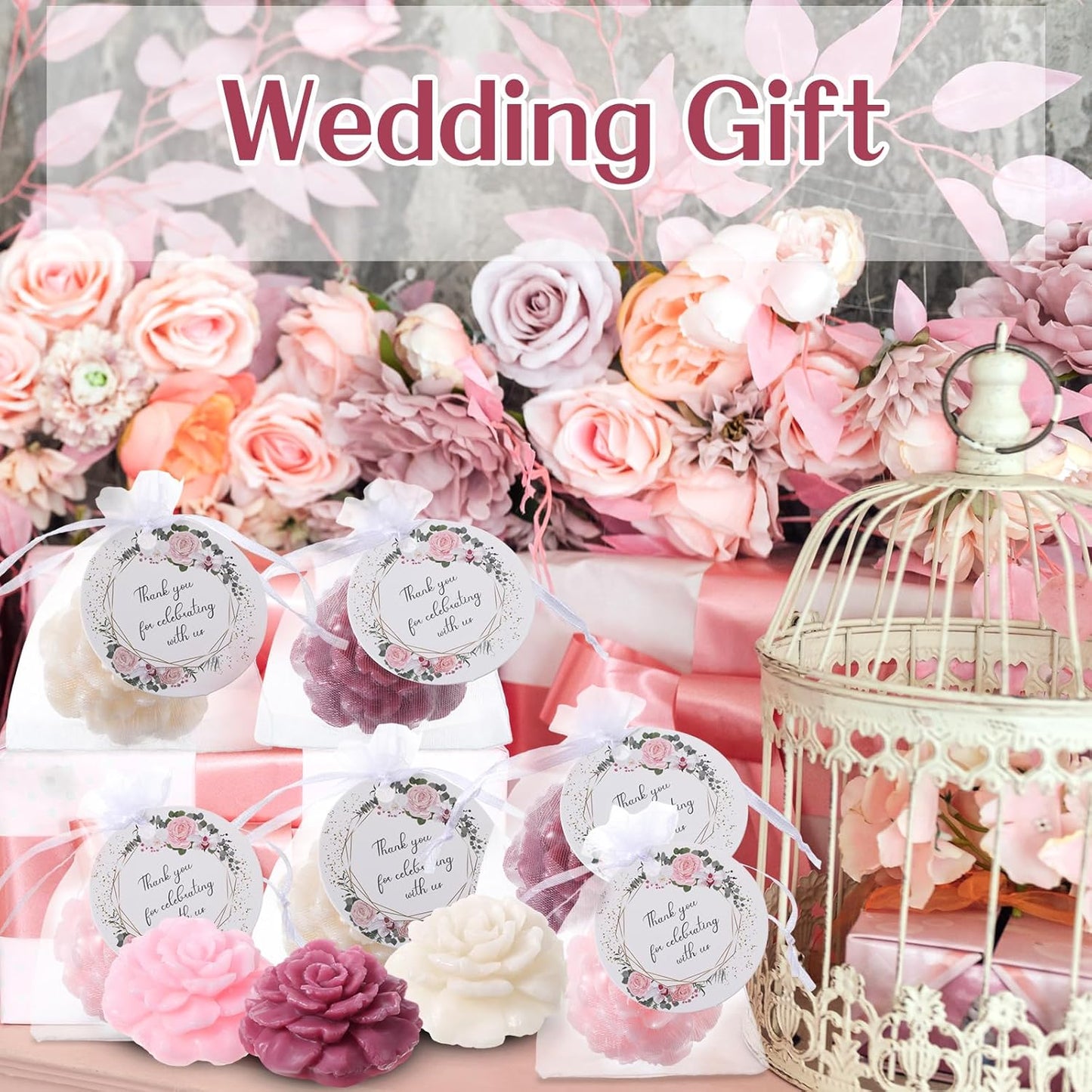 Demissle 24 Set Flower Mini Soaps for Guests Flower Soap Wedding Handmade Gift Favors Fancy Decorative with Thank You Tags for Wedding Bridal Guest Gift Party Favor(Rose)