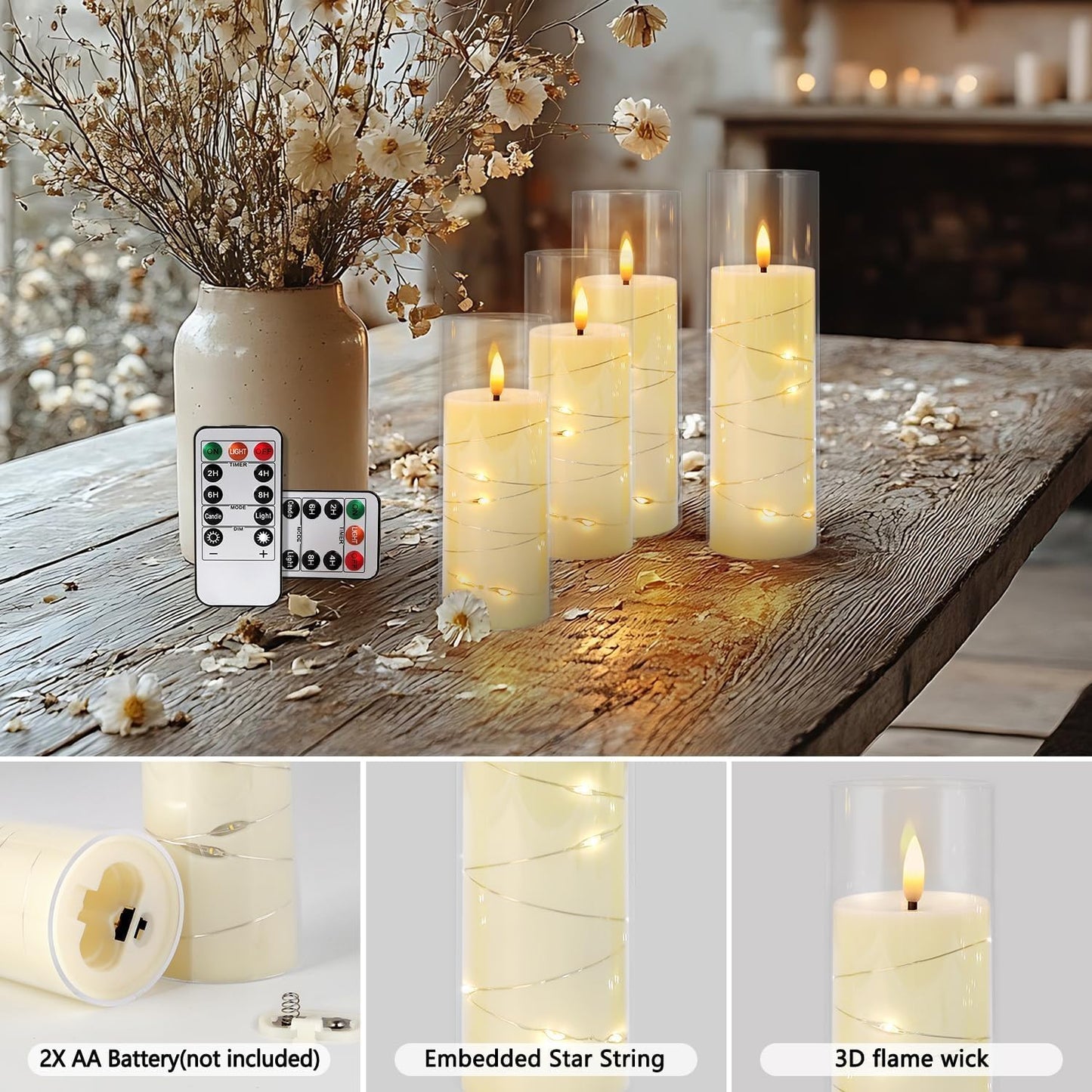 24 Pack Christmas Decoration Flickering Flameless Candles,Battery Operated Candles,LED String Lights LED Candles for New Year, Home Decor, Parties,Wedding(D2.2 xH 5" 6" 7") (Ivory)