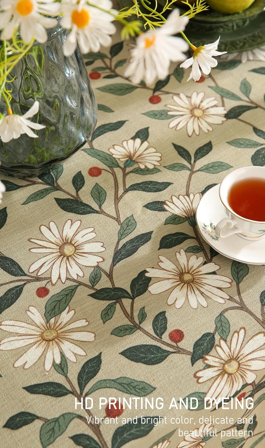 ISAENNE Designer Green Linen Long Rectangle Tablecloth,Floral French Country Indoor Table Cloth,Stain Resistant Home Decor Tablecloths for Dining Kitchen Thanksgiving Party,63"*94"-Brune
