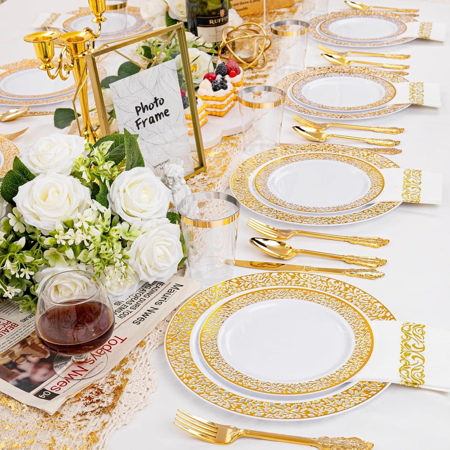 bUCLA 350PCS Gold Plastic Plates Disposable - Gold Plastic Dinnerware Set Include 50 Dinner / 50 Dessert Plates, 50 Forks, 50 Knives, 50 Spoons, 50 Cups, 50 Napkins for Party & Thanksgiving