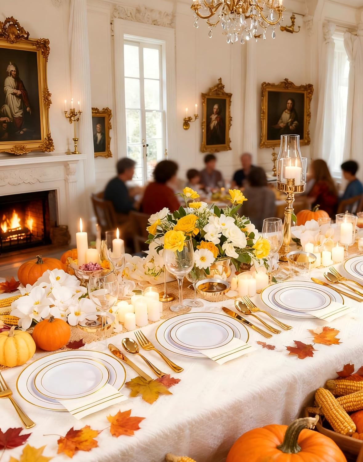 GATHER 350PCS White and Gold Plastic Plates - Disposable Plastic Dinnerware Set Include 50 Dinner Plates, 50 Dessert Plate, 150 Silverware, 50 Napkins, 50 Cups for Party & Wedding & Thanksgiving