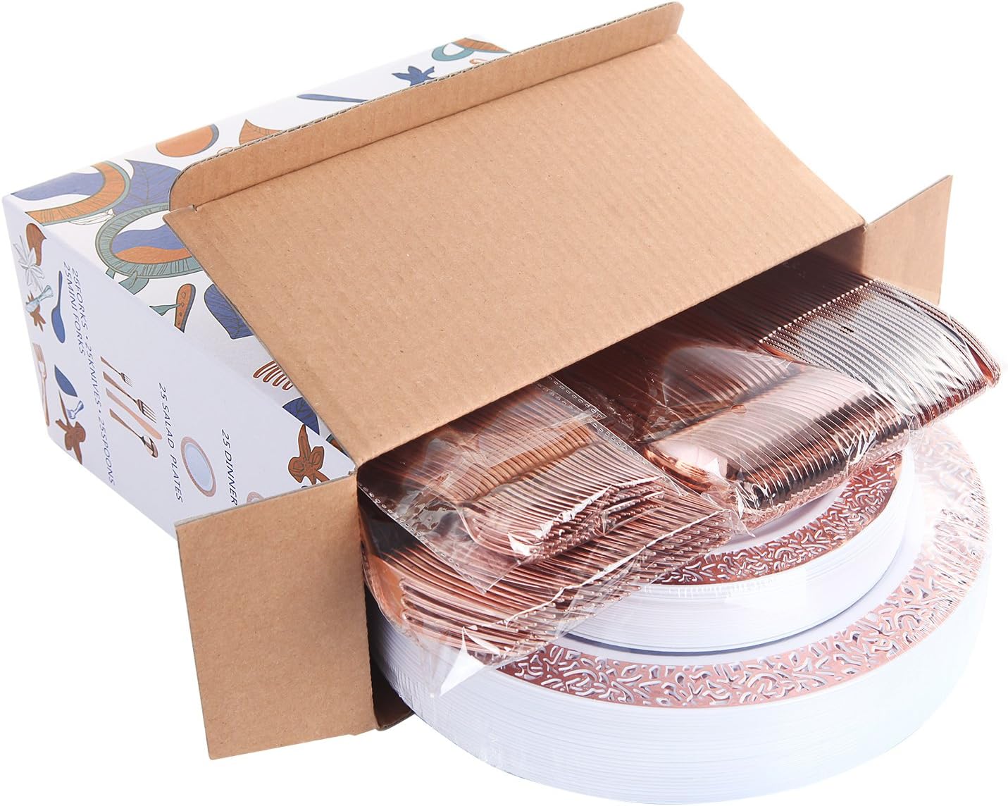 WDF150PCS Rose Gold Plastic Plates with Plastic Silverware