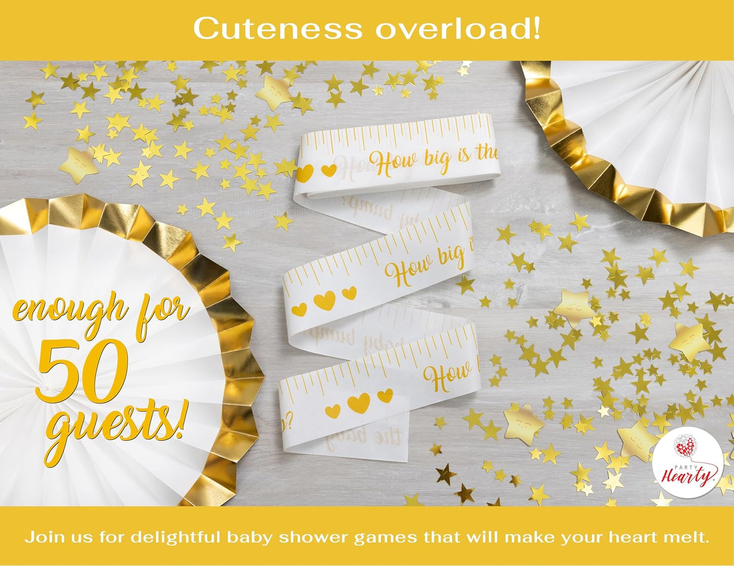 Party Hearty Funny Baby Shower Games for Girl and Boy Activities, 2 Rolls, 2 inch x 150 feet, Gold Tummy Measure, Fun & Easy Idea