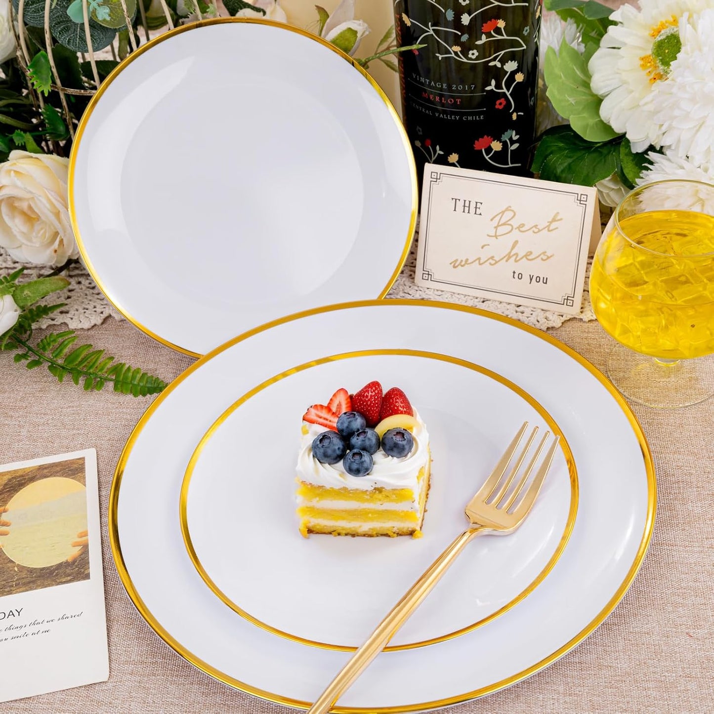 LIYH 60 Pcs Gold Plastic Plates Disposable Heavyduty - White Plastic Plates for Party/Weddings Include 30 White Gold Rim Dinner Plate 10.25" & 30 Dessert Plate 7.5 "