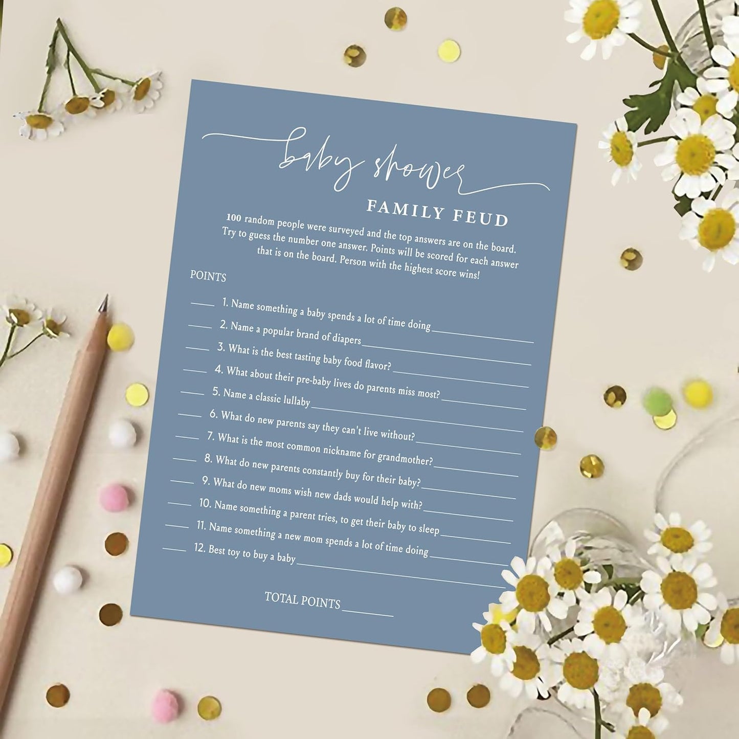 Baby Shower Family Feud Game - 30 Cards, Answer Key for Boy & Girl, Gender Neutral Decorations, Feud Supplies-06D-Mazarine