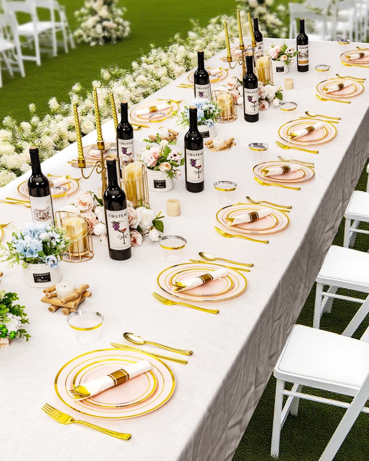 175PCS Pink Plastic Dinnerware Set, Disposable Party Plates for 25 Guests, Include: 50 Pink and Gold Plastic Plates, 25 Pre Rolled Napkins with Gold Silverware, 25 Cups for Wedding, Christmas