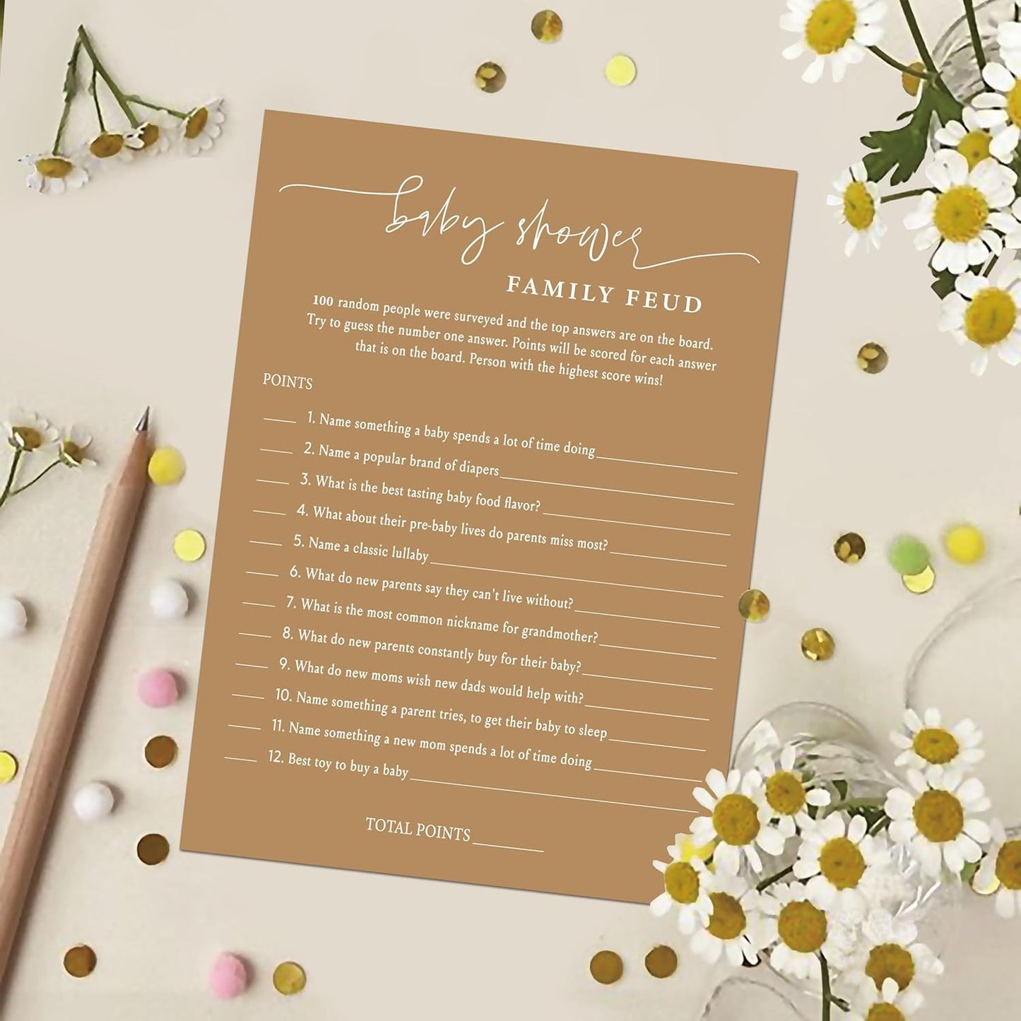 Family Feud Baby Shower Game - Pack of 30 Cards, Answer Key, Gender Neutral Decorations, Feud Game Supplies-06F-Caramel