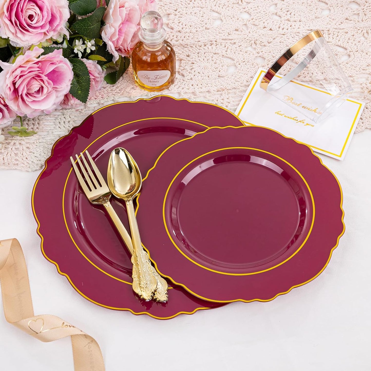 Liacere 350PCS Red Plastic Plates-Disposable Burgundy Red and Gold Plates 50guest Baroque Plastic Dinnerware include 100Plates, 50Pack Pre Rolled Napkins with Silverware 50Cups for Christmas