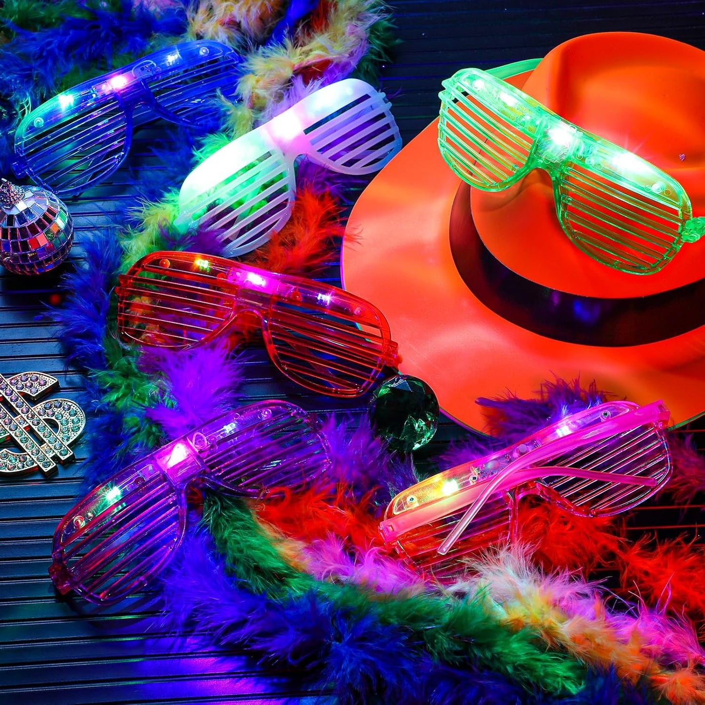 54 Pieces Neon Party Supplies Glow in The Dark Parties Supplies 18 Pcs Neon Gangster Party Hats 18 Pcs Light up Glasses with Colorful Feather Boas for Halloween 80's Raves Carnival Hora Loca Parties