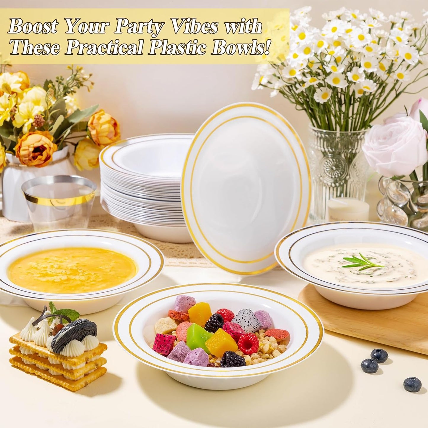 100 Pack Disposable Soup Bowls with Gold Rim, 12oz Premium Heavy Duty Plastic Dinner Bowls for Party, Wedding and Holiday