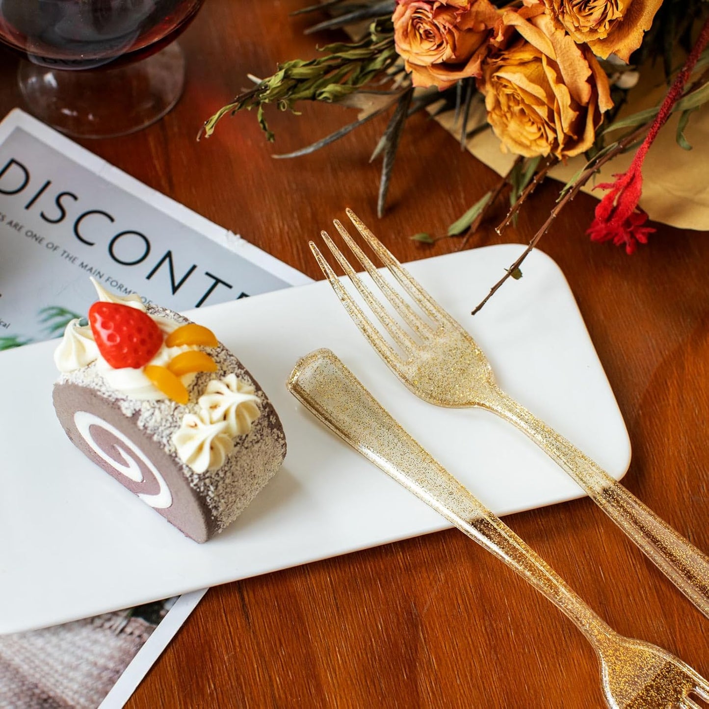 I00000 72 Pieces Plastic Dessert Plates 7.5" & 72 Pieces Gold Disposable Forks 7.4" with Gold Glitter, Gold Disposable Plates, Plastic Salad Plates for Thanksgiving