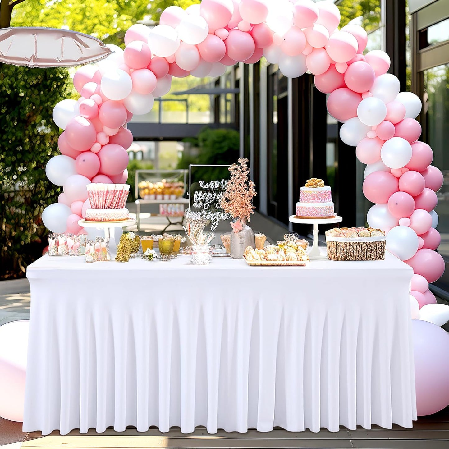 2 Packs White Table Clothes for 4 Foot Rectangle Tables, One-Piece Wrinkle Resistant Stretch Spandex Table Covers with Skirt for Event Banquet Wedding Birthday Party