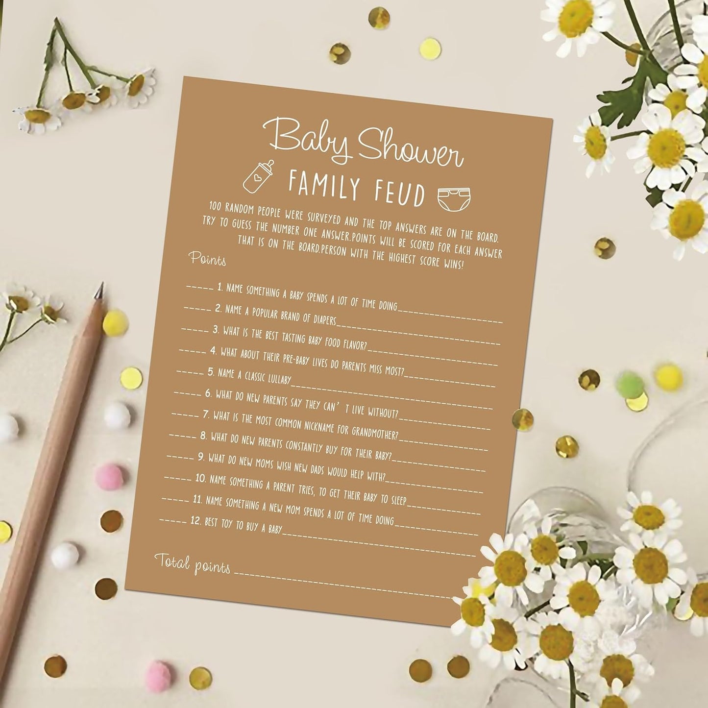 Family Feud Baby Shower Game - Pack of 30 Cards, Answer Key, Gender Neutral Decorations, Feud Game Supplies-01F-Caramel