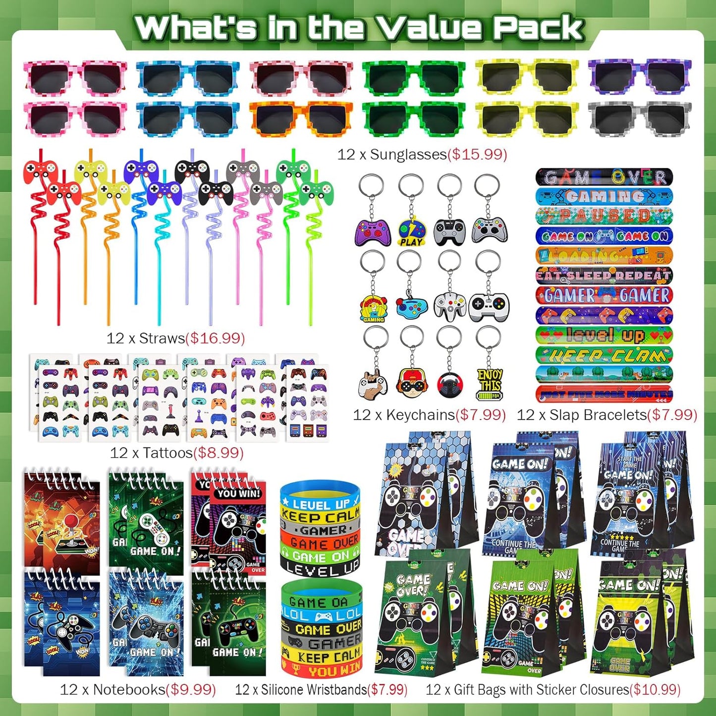 Video Game Party Favors for Kids: Pixel Theme Goodie Bags Stuffers Birthday Party Supplies, Bracelets, Keychain, Sunglasses, Notepads, Stickers, Gift Bags Serves 12 Boy Girl Birthday Party Decorations