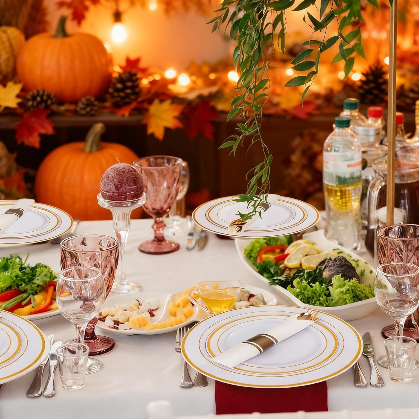 WDF 120 pieces Gold Disposable Plastic Plates - White and Gold Plates Include 10.25" Dinner Plate & 7.5" Salad Plate for Thanksgiving Weddings/Party