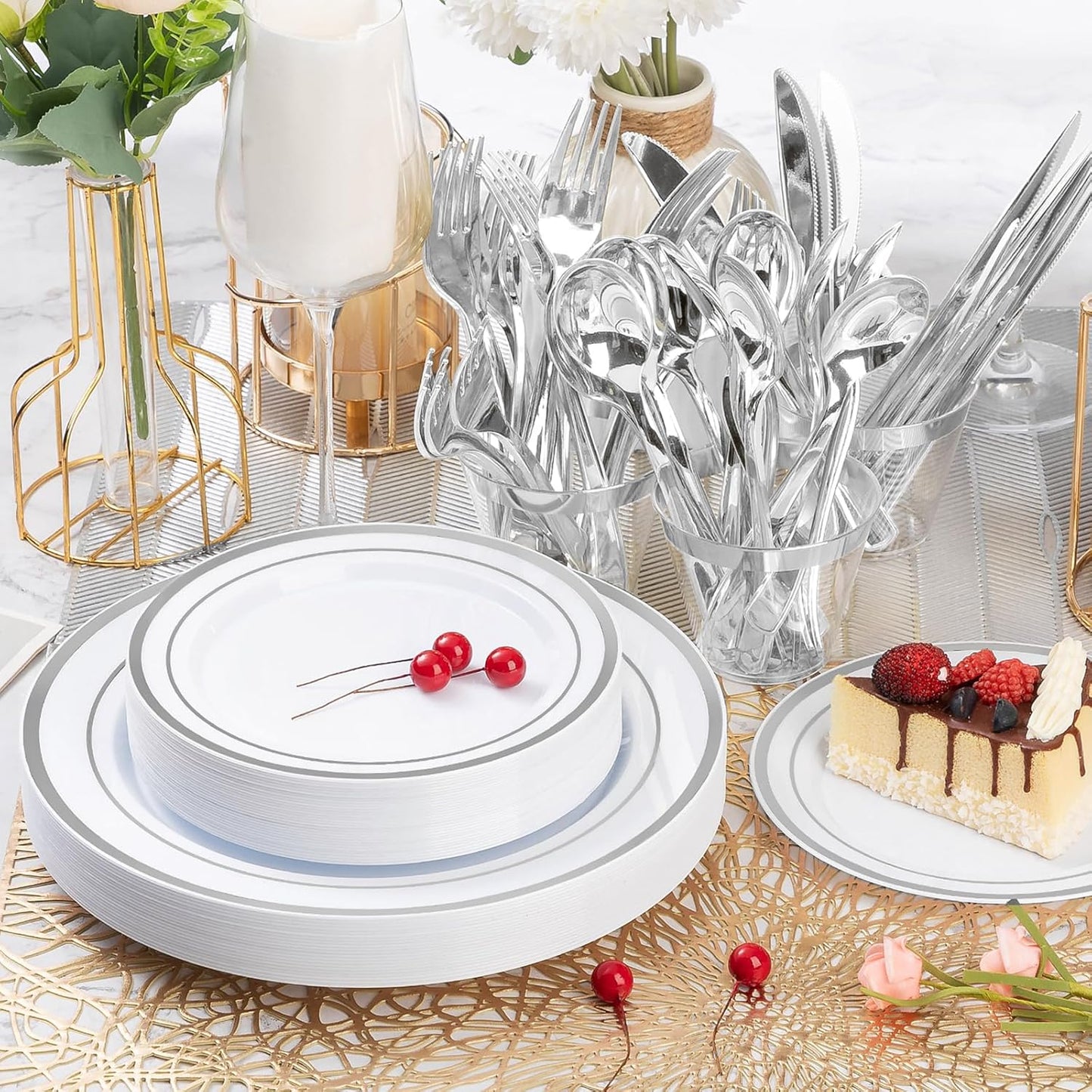 BESTVIP 600PCS Silver Plastic Plate Set (100 Guests), Disposable Plates for Party Wedding Birthday, Dinnerware Set of 200 Plastic Plates, 200 Forks, 100 Spoons, 100 Knives for Christmas