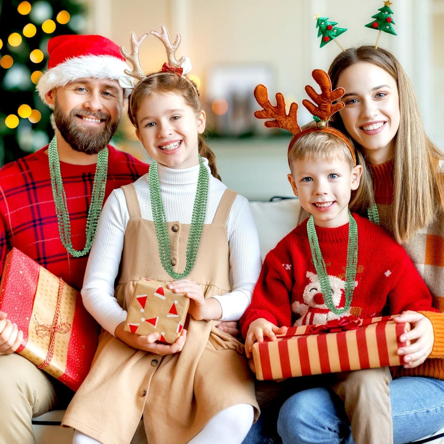 48 Pack Mardi Gras Beads Necklaces, 33 Inch Plastic Beads for Party Favors, Festival Decorations, Parade Throws, Christmas, St. Patrick's Day Celebrations