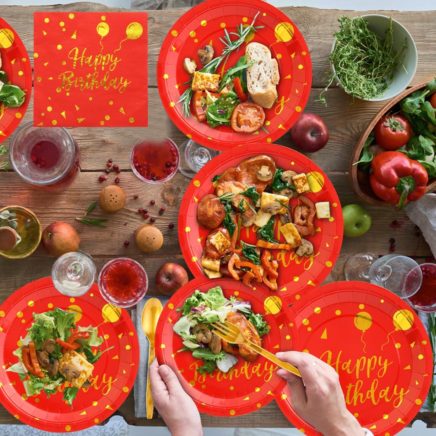 175 Pieces Gold Disposable Party Dinnerware Set &Disposable Birthday Party Dinnerware -Red Paper Plates Napkins Cups, Gold Plastic Forks Knives Spoons