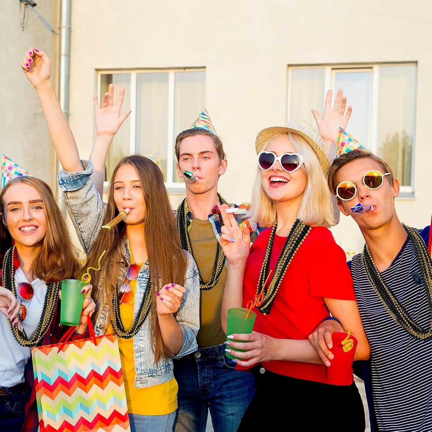 12PCS New Years Eve Bead Necklace, Black Gold Bead Costumes Necklace Party Supplies, 33" New Years Eve Necklaces Accessory Sets, Festival Parade Throw for Mardi Gras Celebrations Decorations