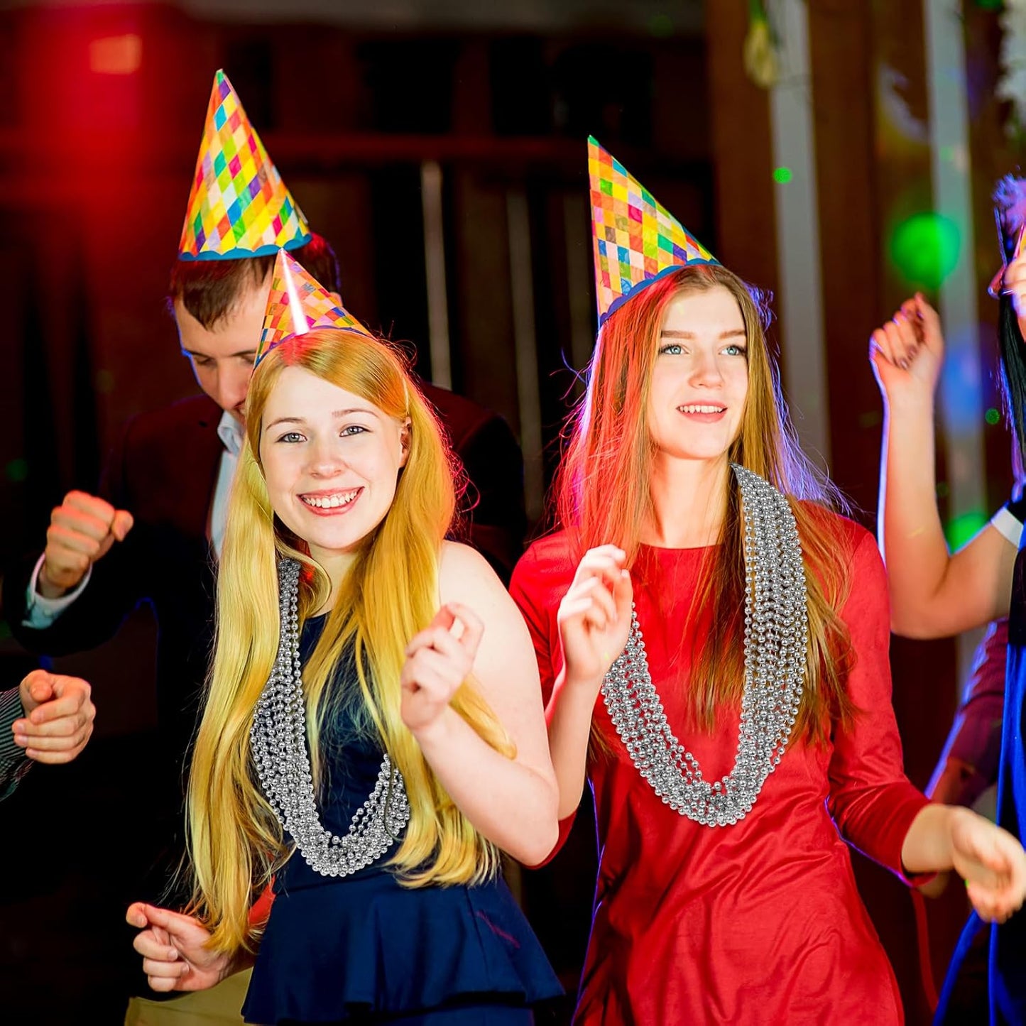 SHAOQINLIN 144 PCS Silver Bead Necklace, Silver Mardi Gras Beads Christmas Necklace, 4th of July Necklaces, 33'' Silver Party Beads for Patriotic Day, Mardi Gras, Christmas, Carnival Party Favors