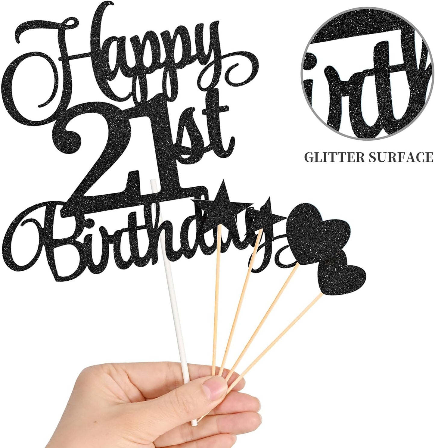 21st Birthday Cake Toppers, 21st Birthday Candles Numeral Candles and Glitter Cake Decorations Toppers Set for Party Supplies (Black)