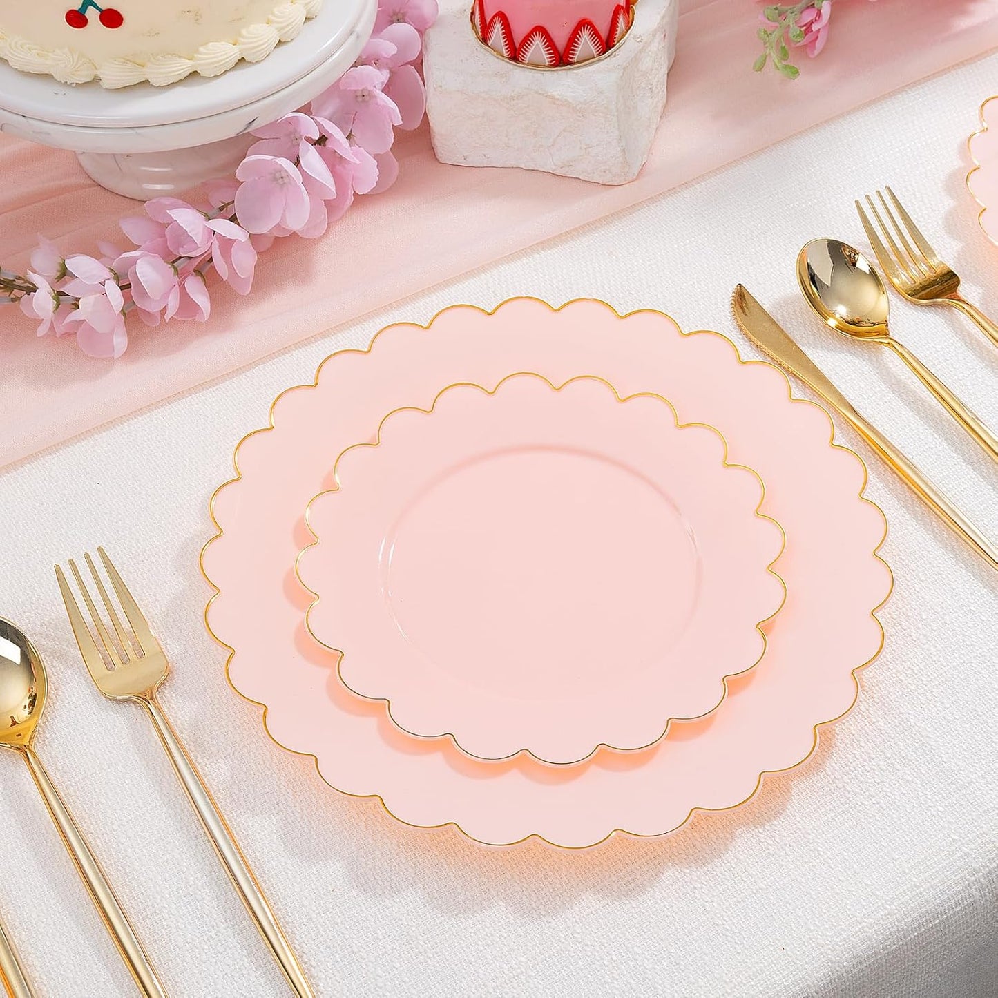 LIYH 120 Pcs Pink Plates Disposable Heavy Duty Gold Disposable Plates for Party Includes 60 Dinner Plate 10.25" & 60 Dessert Plate 7.5" Elegant Gold Rim for Bridal Shower Birthday