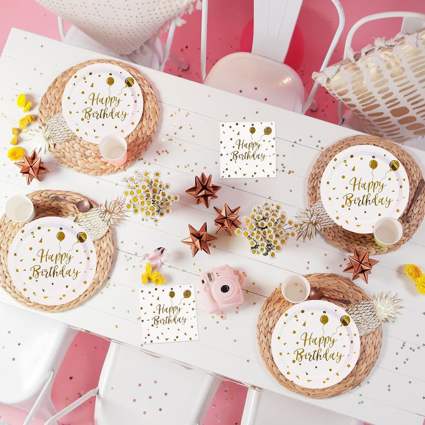 150PCS Happy Birthday Paper Plates and Napkins - 7 Inch White Gold Dot Paper Plates and 6.5 Inch Napkins with 6.3 Inch Gold Forks Disposable Tableware Set for Birthday Party Decorations, Serves 50