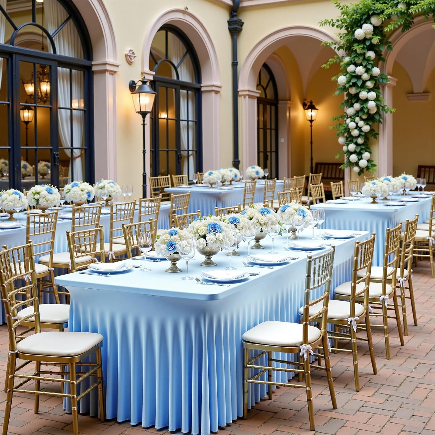 4 pk Baby Blue Spandex Tablecloth 6ft with Ruffle Skirt, Wrinkle Free High Stretch Fitted Tablecloths for 6 Foot Rectangle Tables, Blue Eastic Spandex Table Covers 6ft for Parties Banquet Weddings