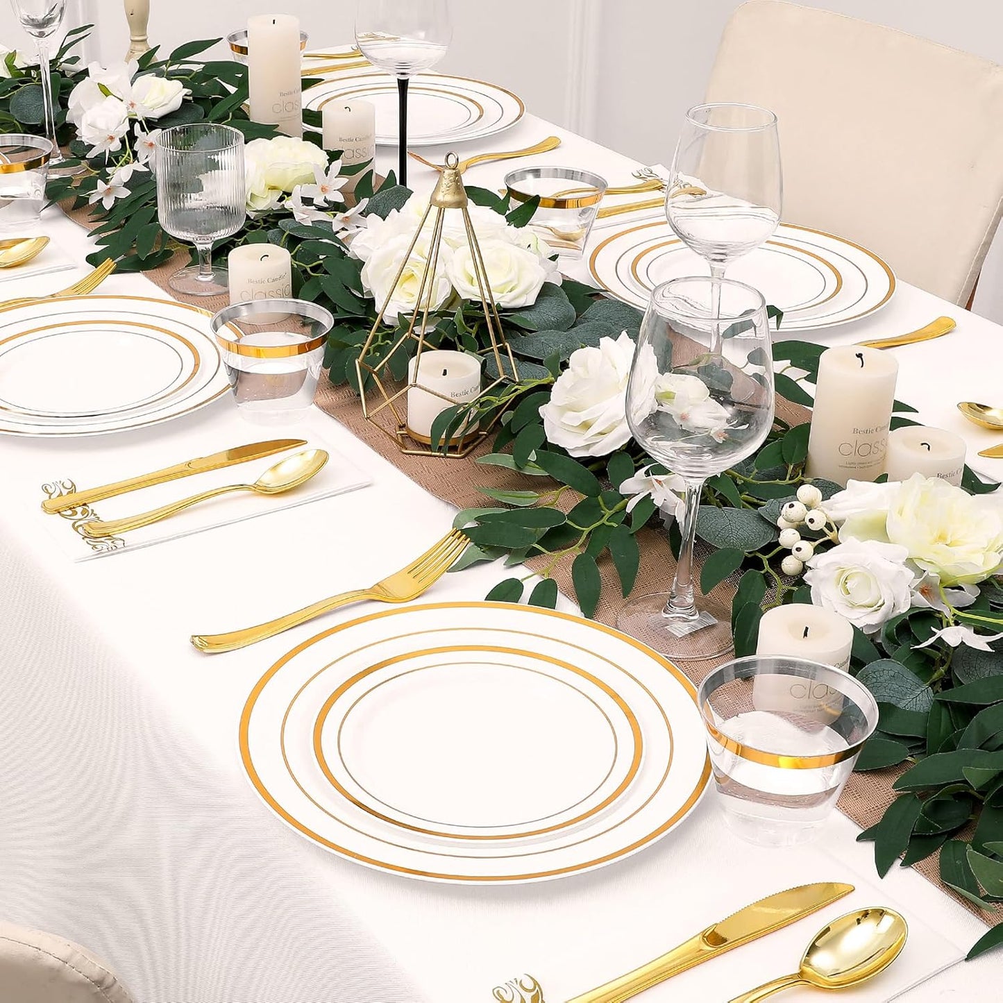 700-Piece Gold Rim Plastic Dinnerware Set for 100 Guests, Elegant Disposable Dinnerware for Party, Wedding. Includes Dinner Plates, Dessert Plates, Gold Silverware, Napkins, Cups