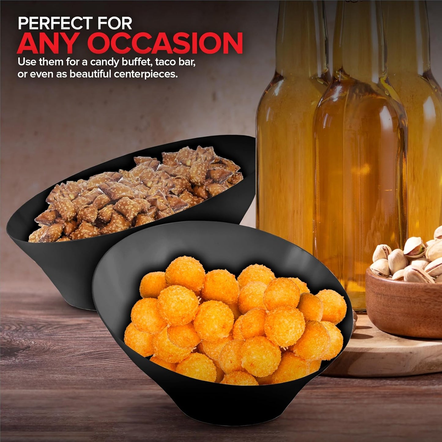 20oz Black Plastic Serving Bowls (4 Pack) Medium Disposable Snack Bowl Candy Dishes, Buffet Containers for Chips, Popcorn, Snacks, Mints, Salad Bar, Parties, Office Desk, Bridal Shower, Party Supplies