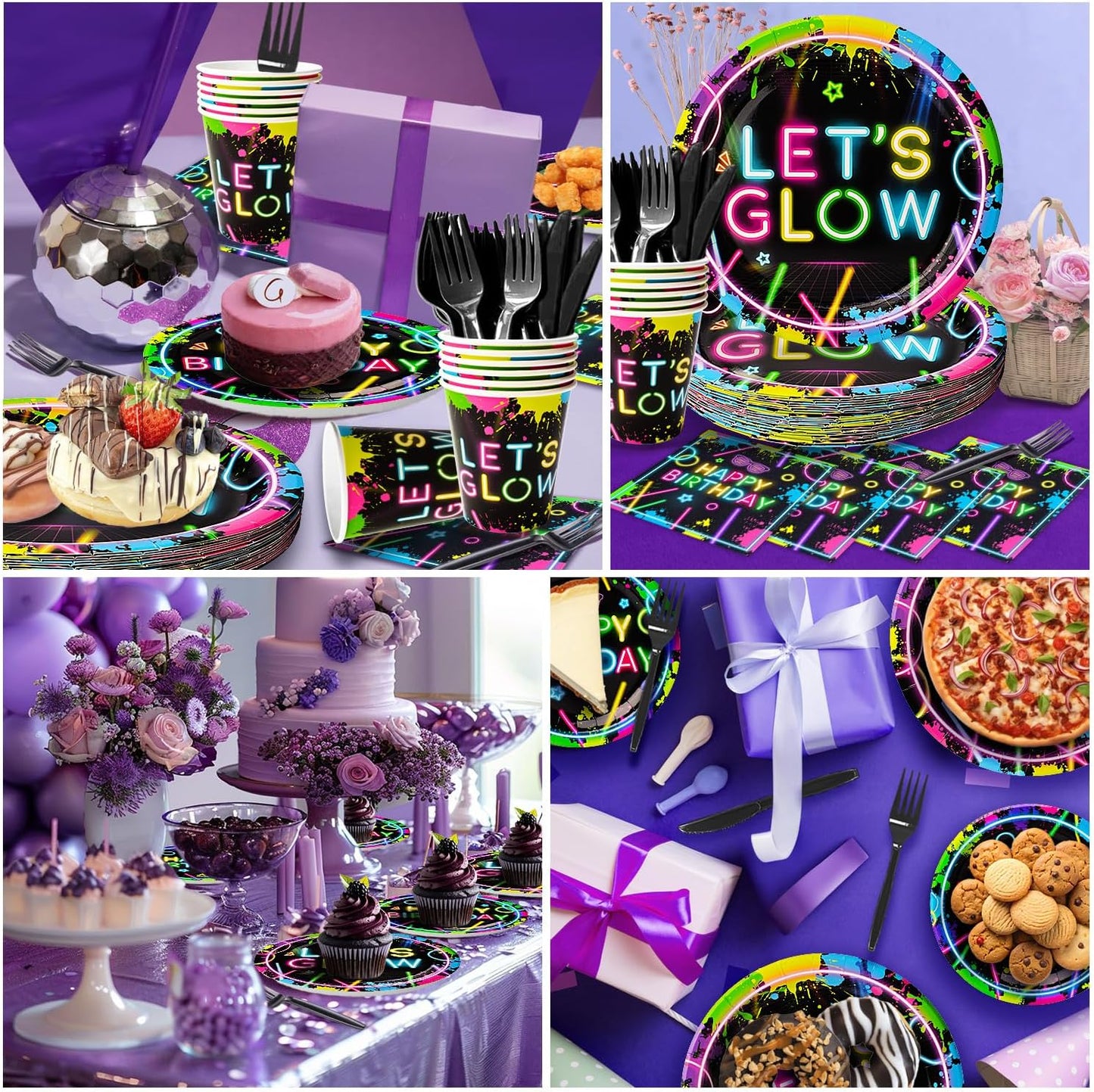 154Pcs Neon Party Supplies Set - Serves 24, Glow in the Dark Party Supplies, Includes Plates, Napkins, Banner, Hanging Swirls, Cups, Cutlery, Tablecloth for Glow Birthday Decorations
