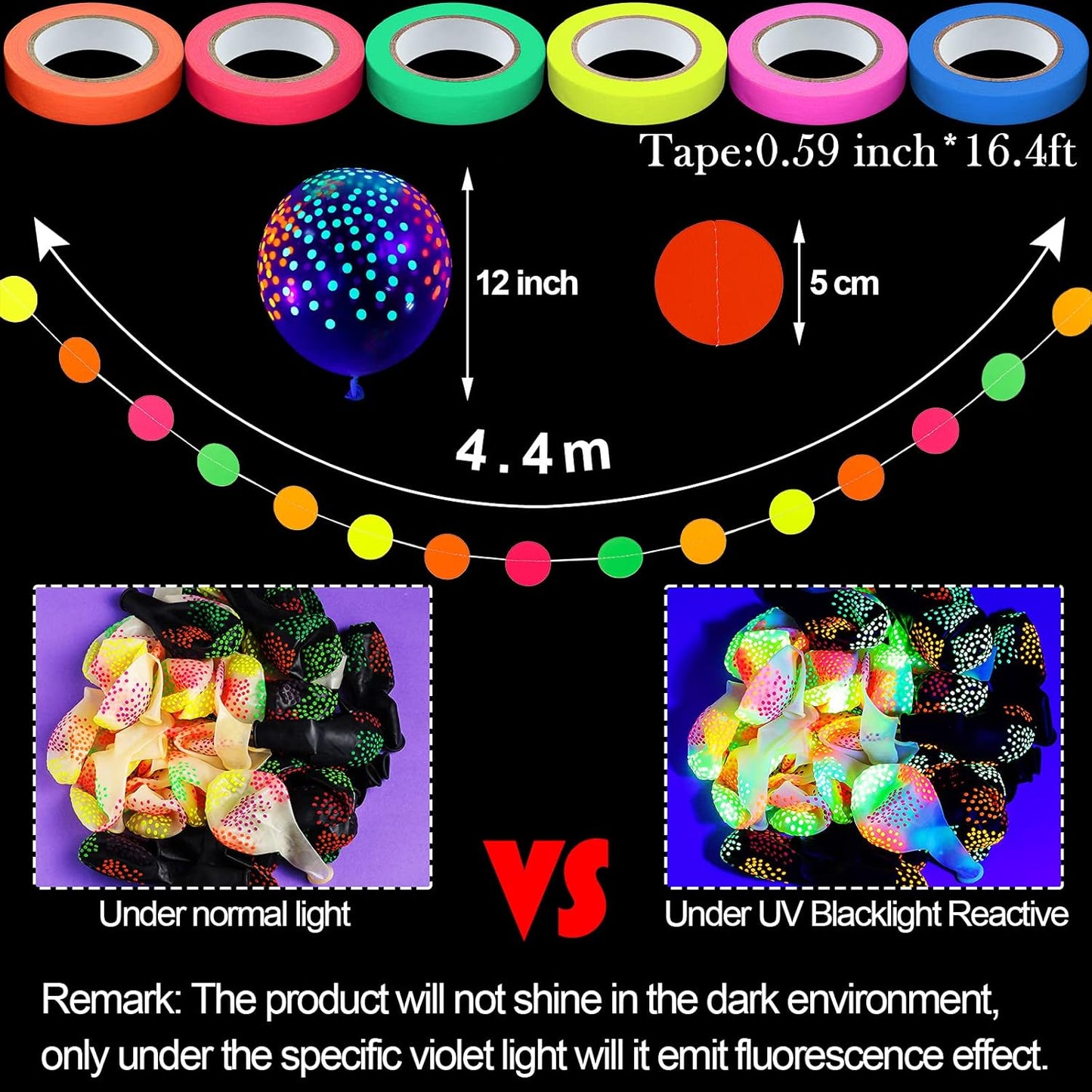 32 Pcs Glow in The Dark Party Supplies Christmas Neon Party Favors with 25 Fluorescent Balloon 6 Rolls 98.4 ft UV Blacklight Luminous Tape 14.4 ft Neon Streamer Garland for Adults(Bright Dot)