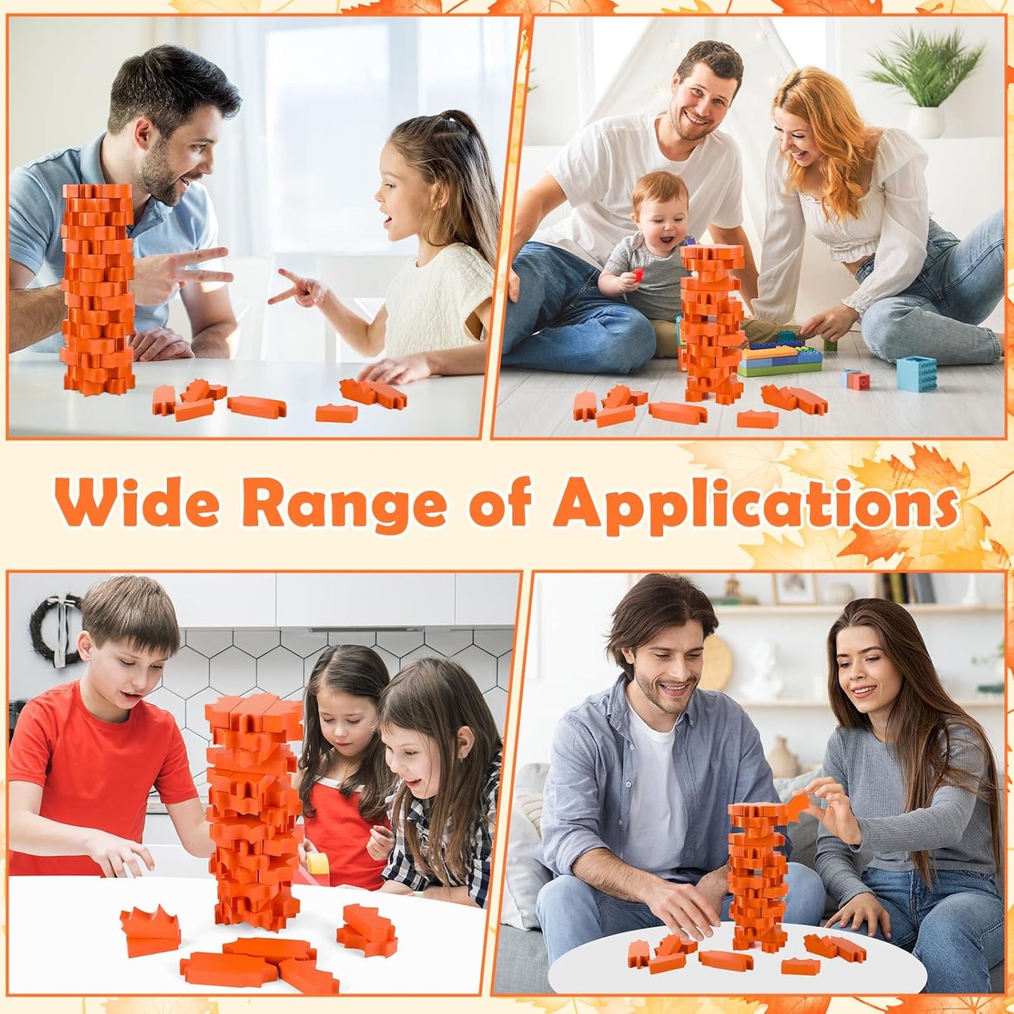 Tower Stacking Game Fall Maple Leaves Wooden Blocks Tumbling Tower and Balancing Game for Adults Thanksgiving Team Building Friends Group Coworkers Games Fun Party Activities