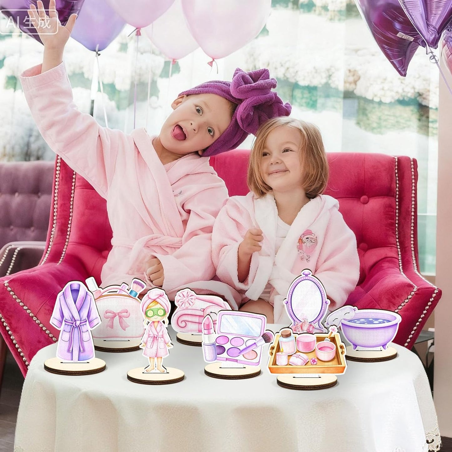 16 Pcs Wooden Spa Sleepover Party Table Centerpiece Sleeping Slumber Party Tabletop Detachable Sign Display Decoration Pink Purple Spa Birthday Table Toppers Photo Props Favor Supplies