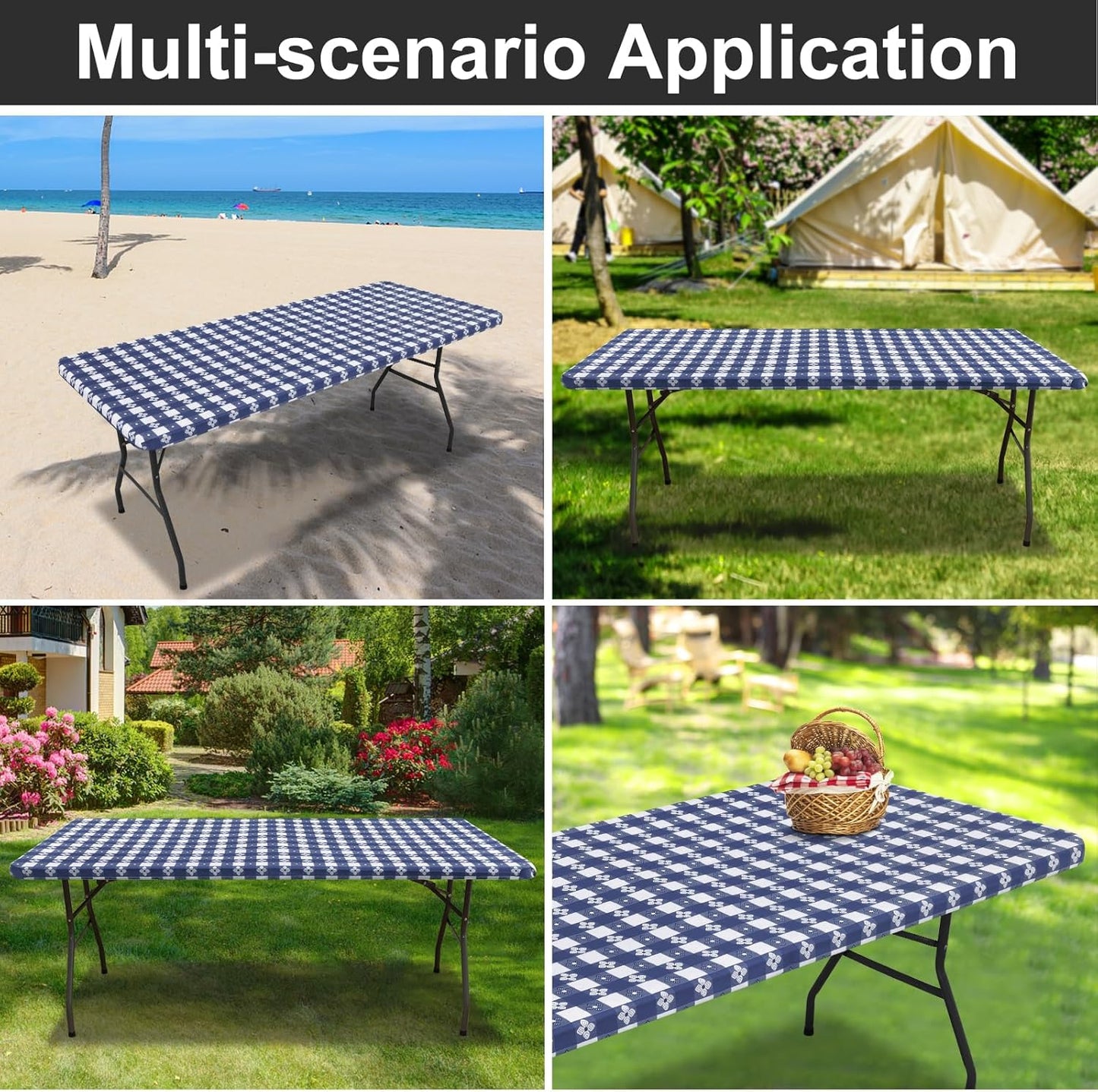 Rectangle Vinyl Table Cloth, Waterproof Elastic Fitted Tablecloth with Flannel Backing, Plastic Table Cover for Picnic, Camping, Outdoor (White & Navy, 30"x60")