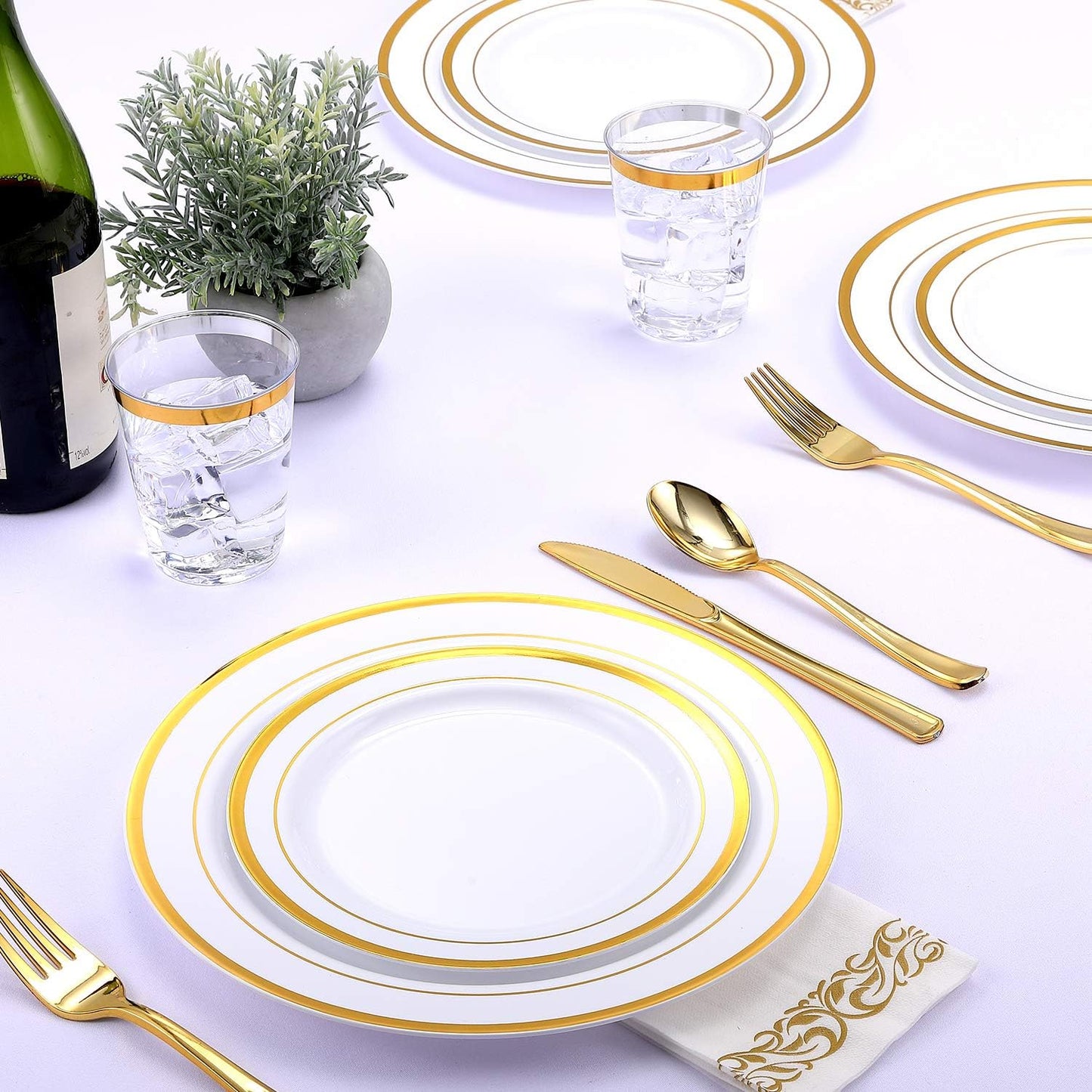 FOCUSLINE 175 Count Gold Dinnerware Set for 25 Guests - Gold Rimmed White Disposable Plastic Plates Heavy Duty, Includes 25 Dinner & Salad Plates, Cups, Cutlery Set for Wedding Parties