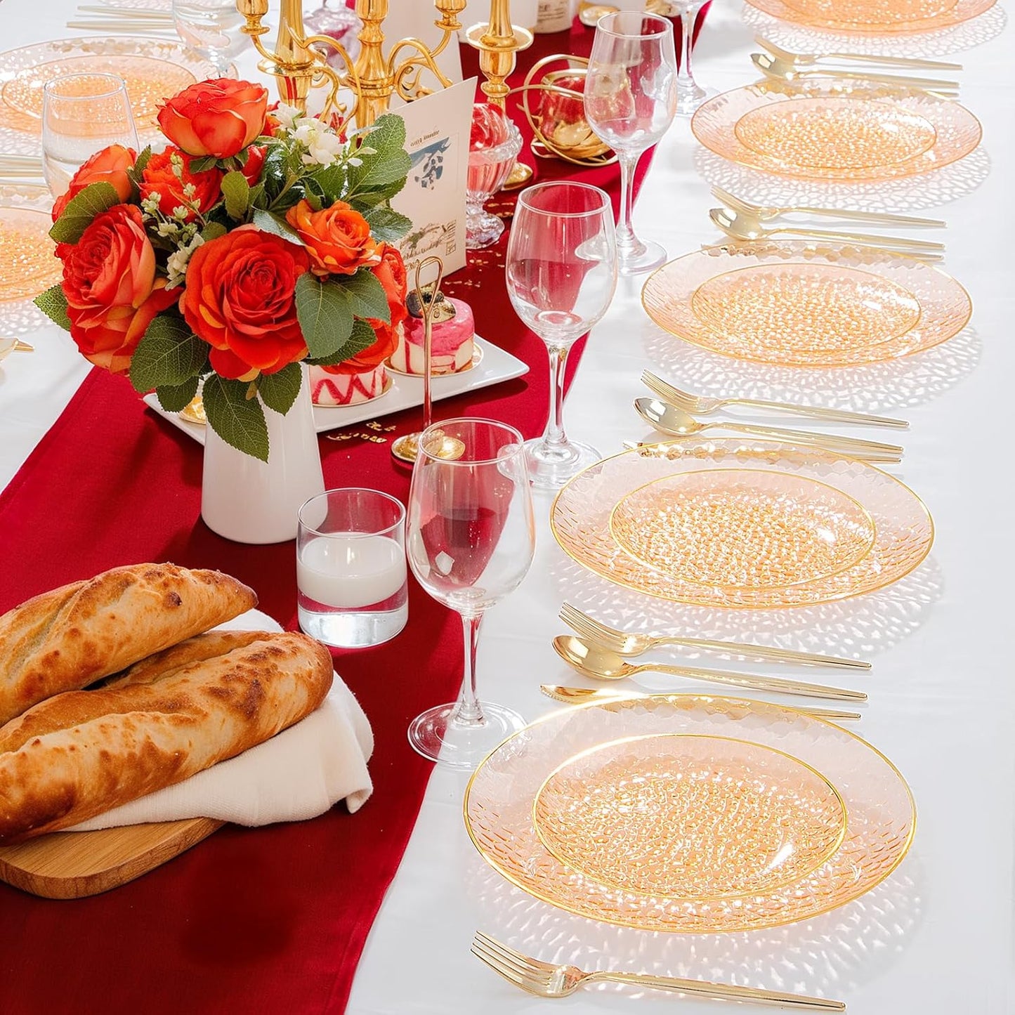 Rubtlamp 100Pcs Orange Plastic Plates, Orange Disposable Plates With Gold Rim, Hammered Plastic Plates Include 50 Dessert Platos, 50 Dinner Platos for Party