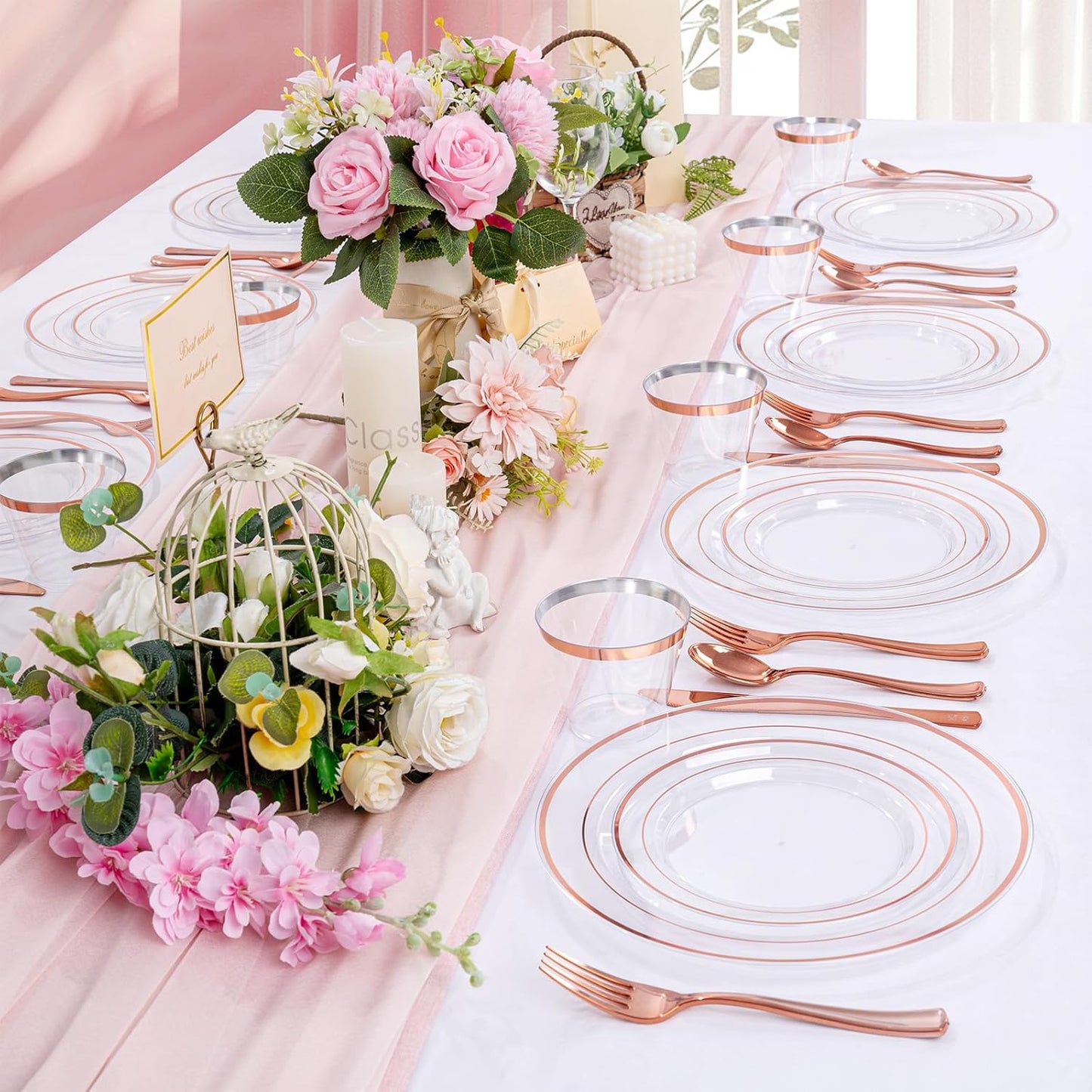 bUCLA 300PCS Clear Rose Gold Plastic Dinnerware - Rose Gold Disposable Dinnerware Set Include 50 Dinner Plates,50 Dessert Plates,50 Knives,50 Forks,50 Spoons,50 Cups for Party, Wedding & Mother’s Day