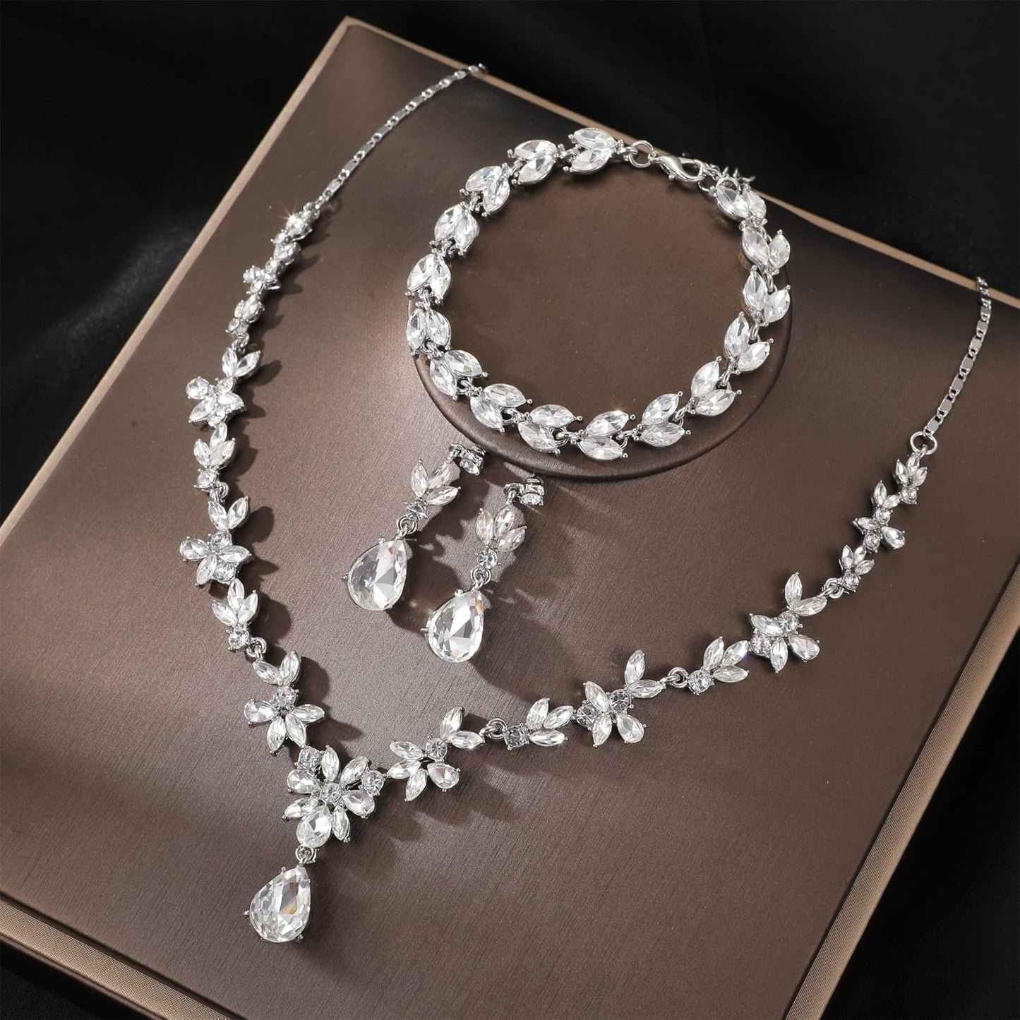 Kamirola Bridal Jewelry Set, Jewelry Set for Women, Necklace Dangle Earrings Bracelet Set, White Gold Plated (TR76)
