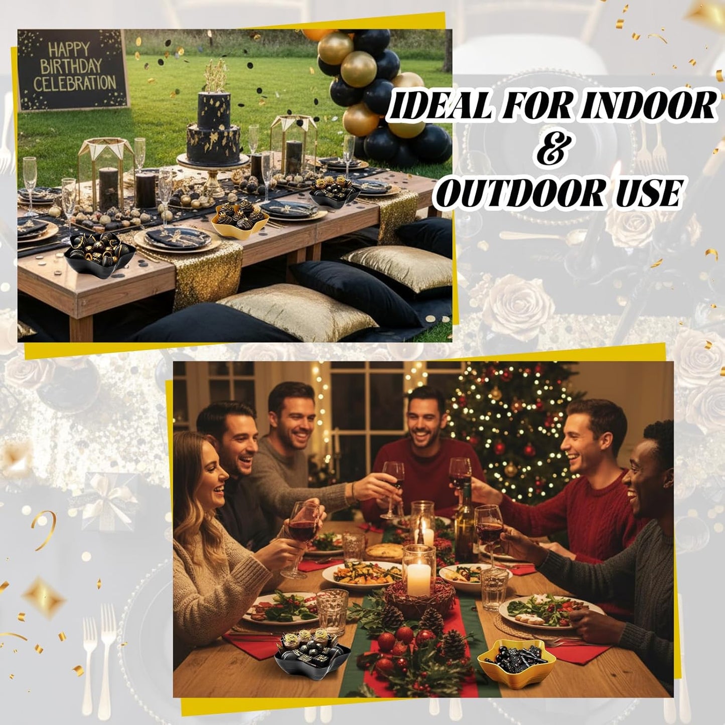 Honeydak 20 Pcs Black and Gold Star Shaped Plastic Bowls Star Dessert Plates Snack Salad Bowl Party Candy Bar Containers Serving Dishes for Chips Buffet Salad