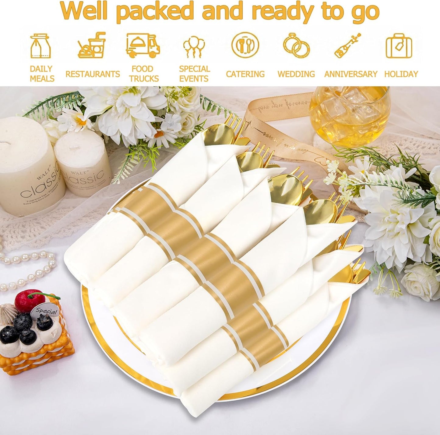 50 Pack Pre Rolled Gold Plastic Silverware Set,Wrapped Plastic Cutlery Set with Napkin Include 50 Forks,50 Spoons,50 Knives and 50 White Napkins for Party,Wedding