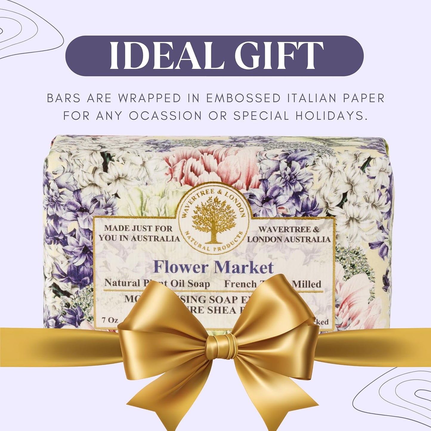 Wavertree & London Flower Market Scented Natural Soap (2 Bars), 7oz Moisturizing French Triple Milled Soap Bars enriched with shea butter - Pure Plant Based Bath & Body Bars for All Skin Types