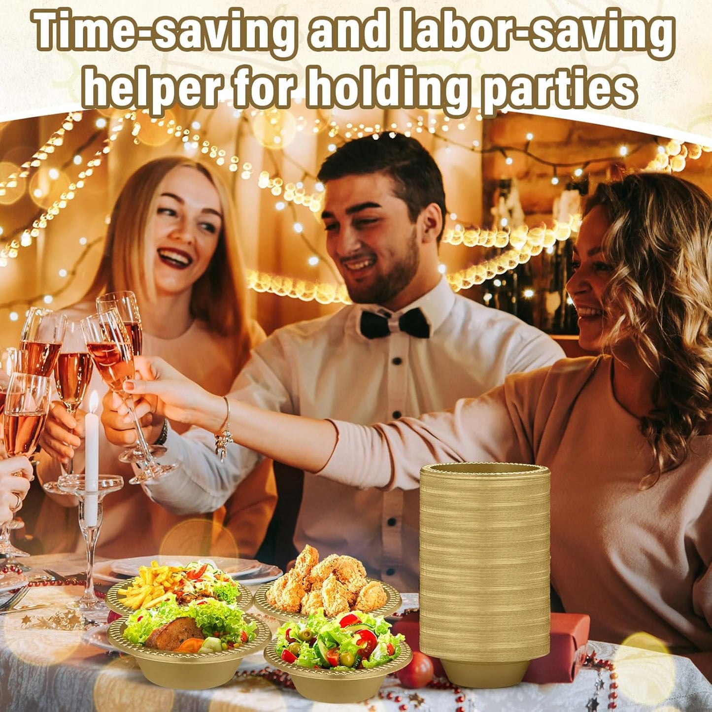 Lallisa 100 Pcs 12oz Gold Disposable Plastic bowls Dessert Cups Ice Cream Snack Salad Soup Food Serving Bowls for Party Favor Picnic