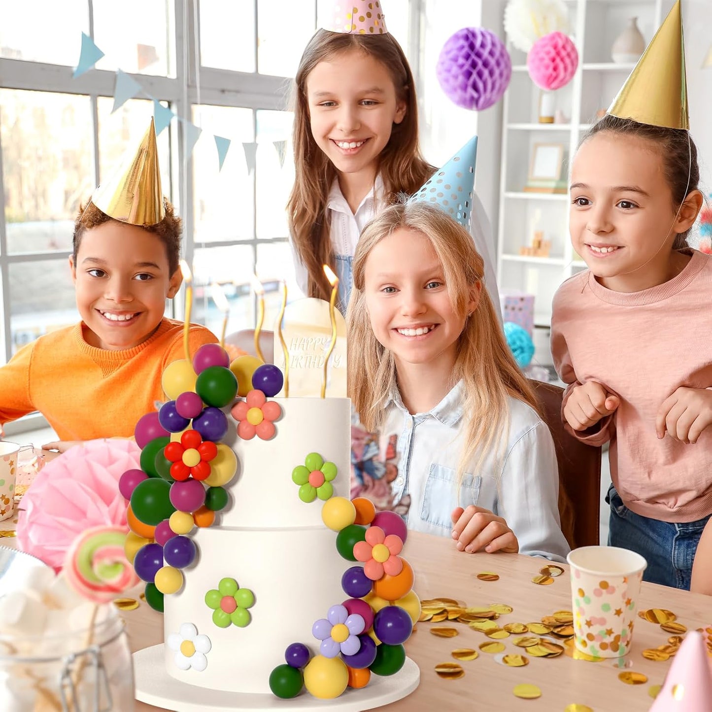 61 Pcs Boho Cake Topper Balls Decorations Mini Balloon Retro Hippie Daisy Flower Acrylic Cake Topper for Birthday Party Wedding Rainbow Baby Shower (Rainbow Colors)