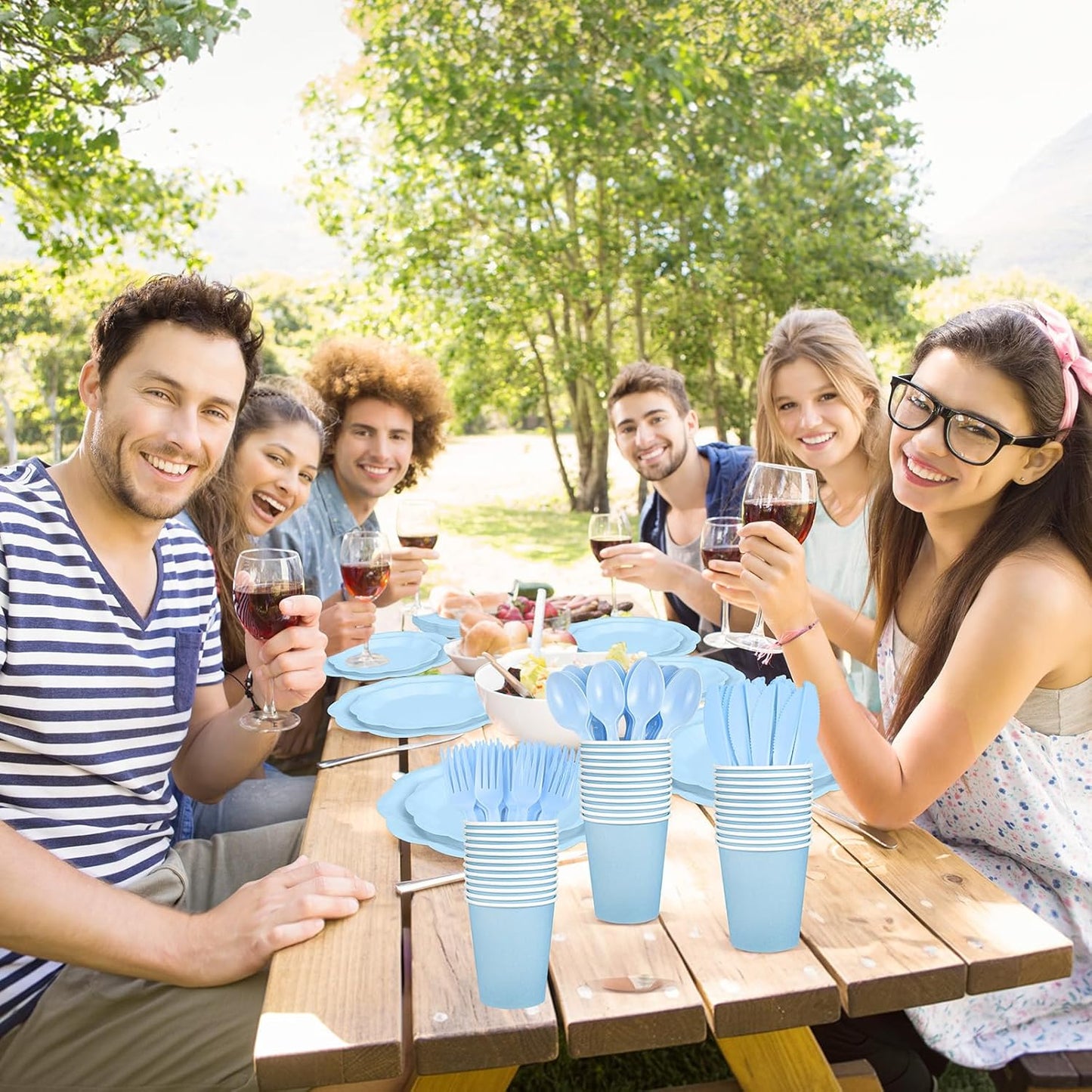 350 Pcs Light Blue Party Supplies Include Scalloped Plate Napkin Cup Forks Knives, Plastic Cutlery 50 Guest Disposable Party Tableware Set for Wedding Baby Shower Bridal Shower Birthday Parties