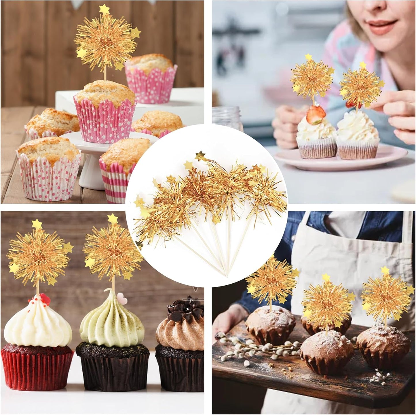 30 Pack Gold Firework Cake Toppers for Cupcakes and Desserts Sparkly Tinsel Cocktail Sticks for Celebration Anniversary Party Décor