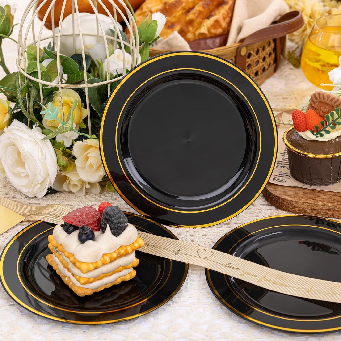 bUCLA 100PCS Black and Gold Plastic Plates - 6.25 inch Black Gold Premium Hard Disposable Dessert/Salad/Appetizer/Small Cake Plates for Party, Graduation & New year