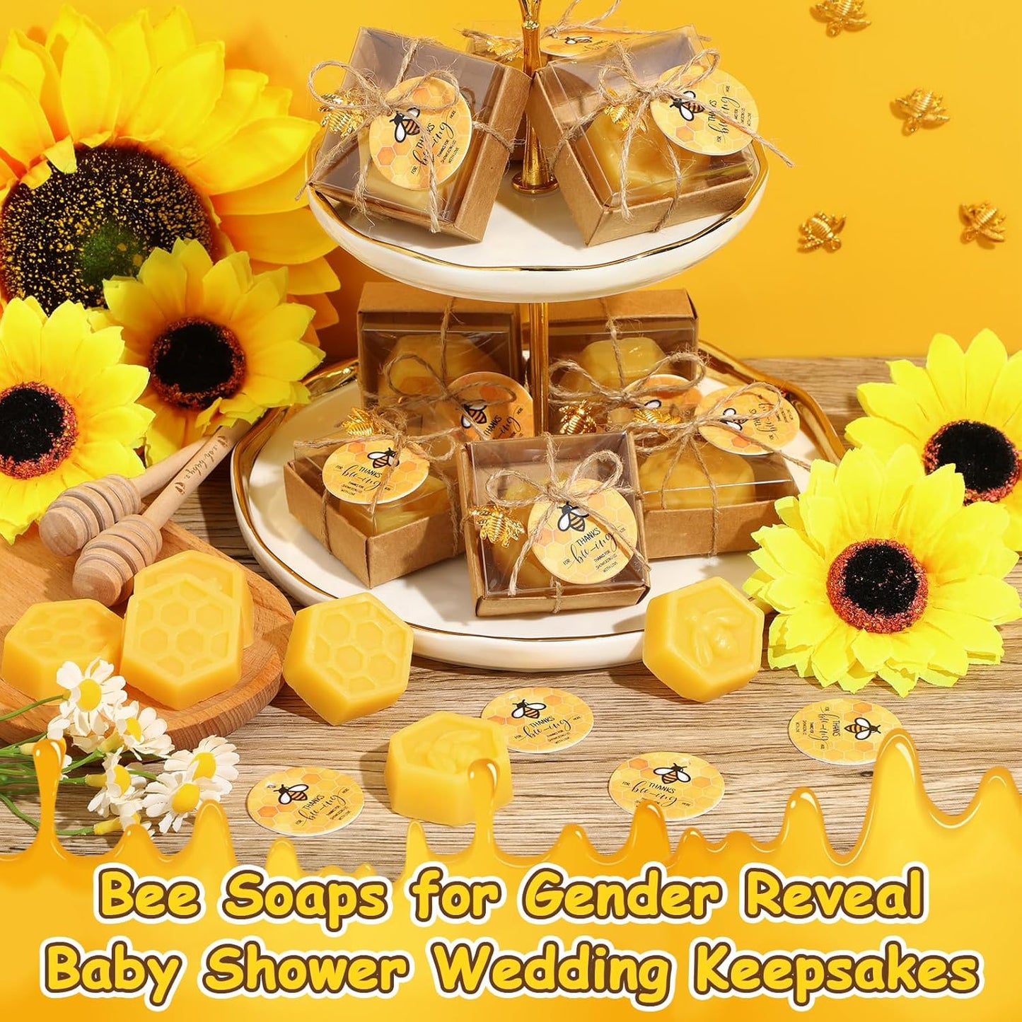 24 Set Baby Shower Bee Party Favors Honeycomb Bee Soap Handmade Scent Soaps with Gift Box Thank You Cards cute Charms for Guest Gender Reveal Keepsake Wedding gifts Decorations (Solid)