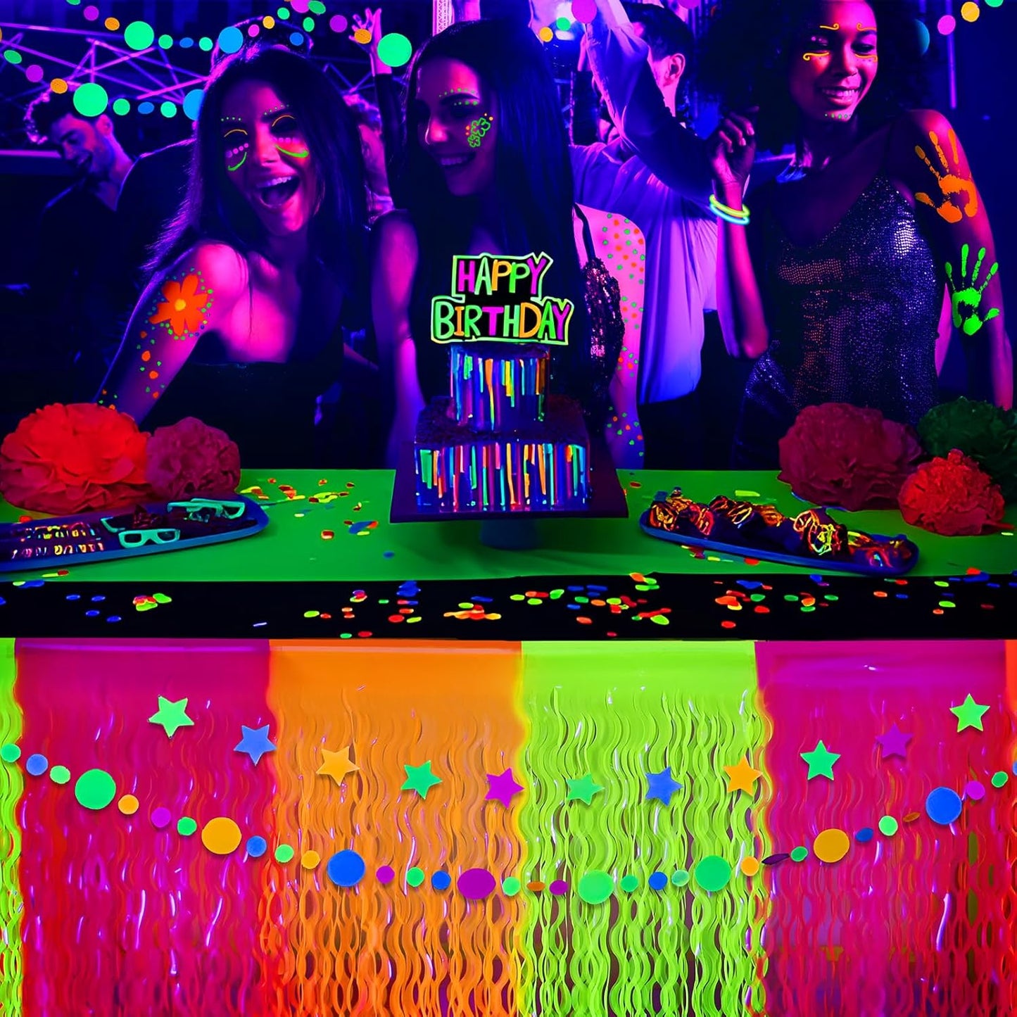 Mega-L Glow in The Dark Party Supplies, 2 Pack Neon Party Decorations Fluorescent Macaron Orange, Yellow and Fuchsia Wavy Metallic Tinsel Foil Fringe Table Skirts, Perfect Table Decors Glow Decors